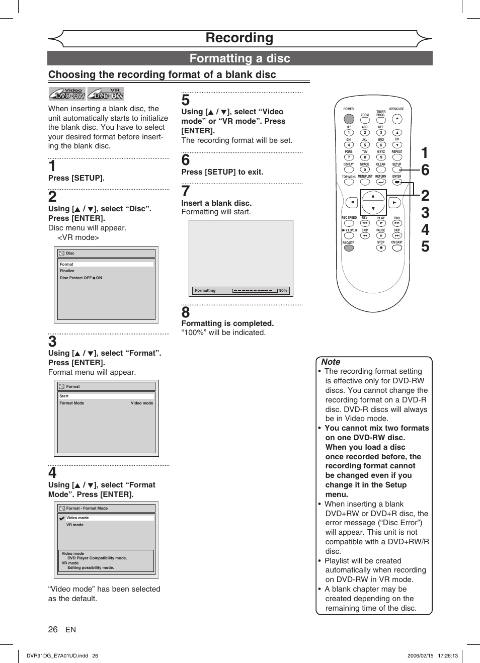 Recording, Formatting a disc, Choosing the recording format of a blank disc | Sylvania DVR91DG User Manual | Page 26 / 82
