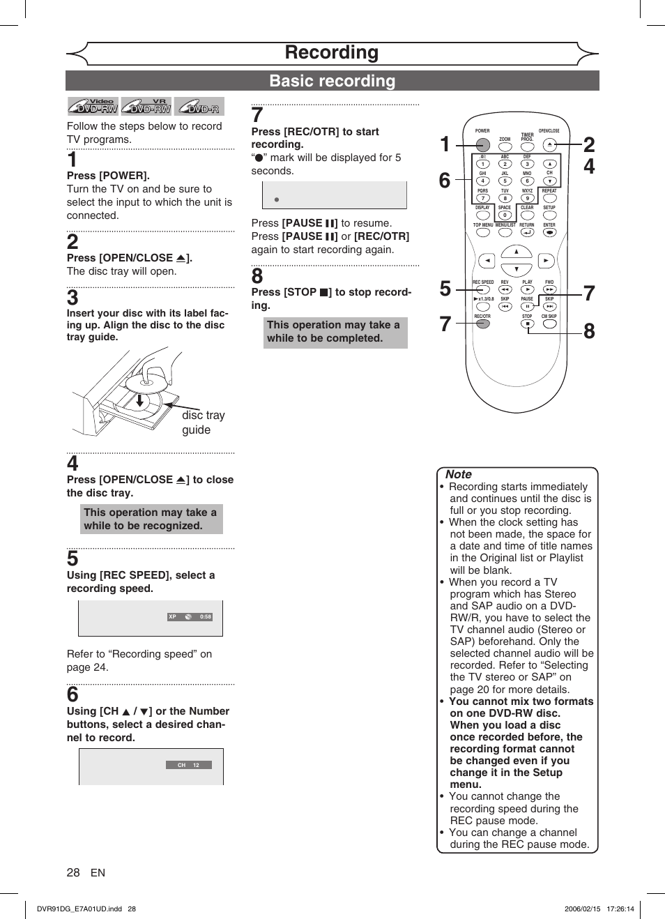 Recording, Basic recording, Disc tray guide | Sylvania DVR91DG User Manual | Page 28 / 82