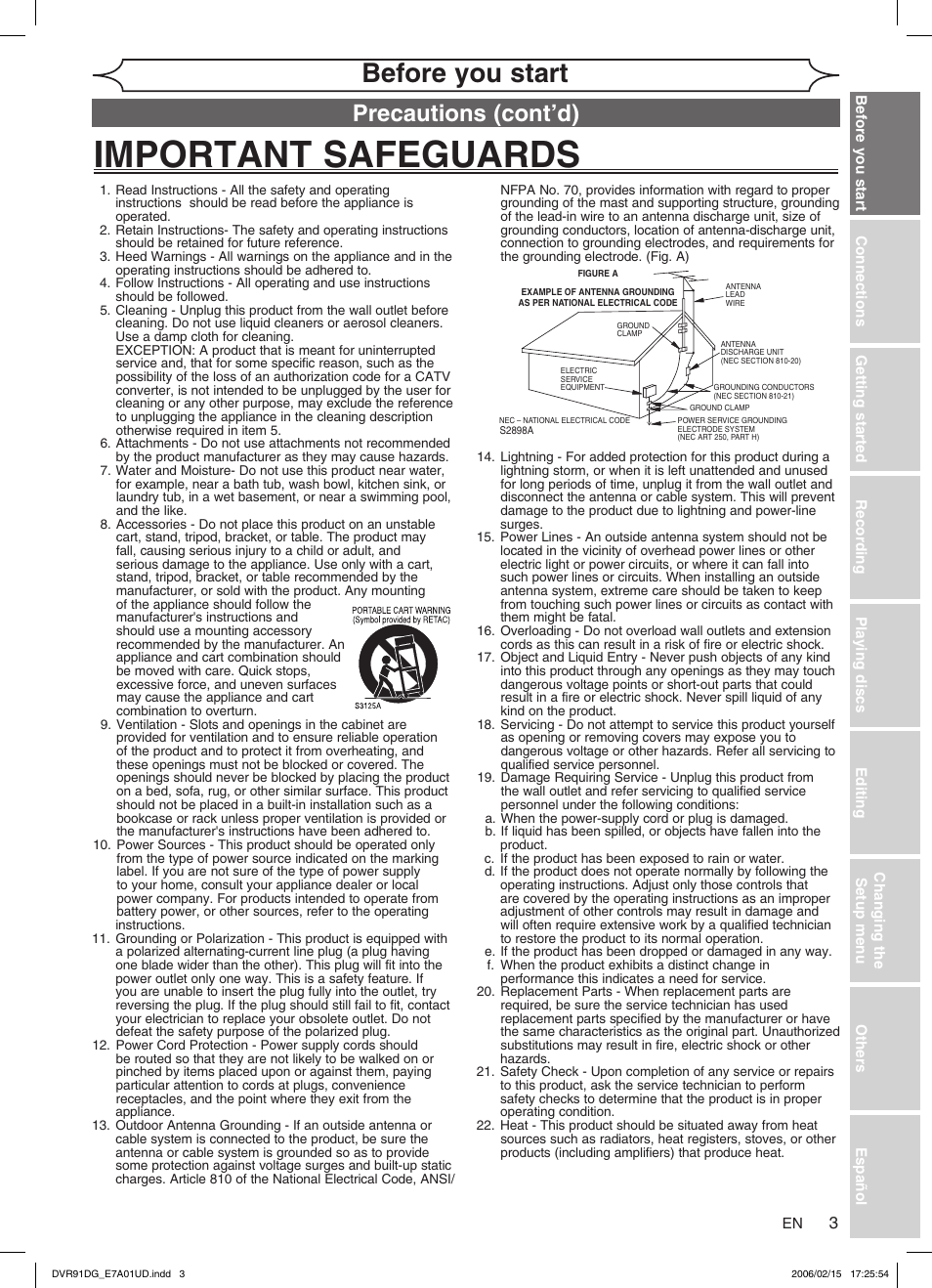 Important safeguards, Before you start, Precautions (cont’d) | Sylvania DVR91DG User Manual | Page 3 / 82