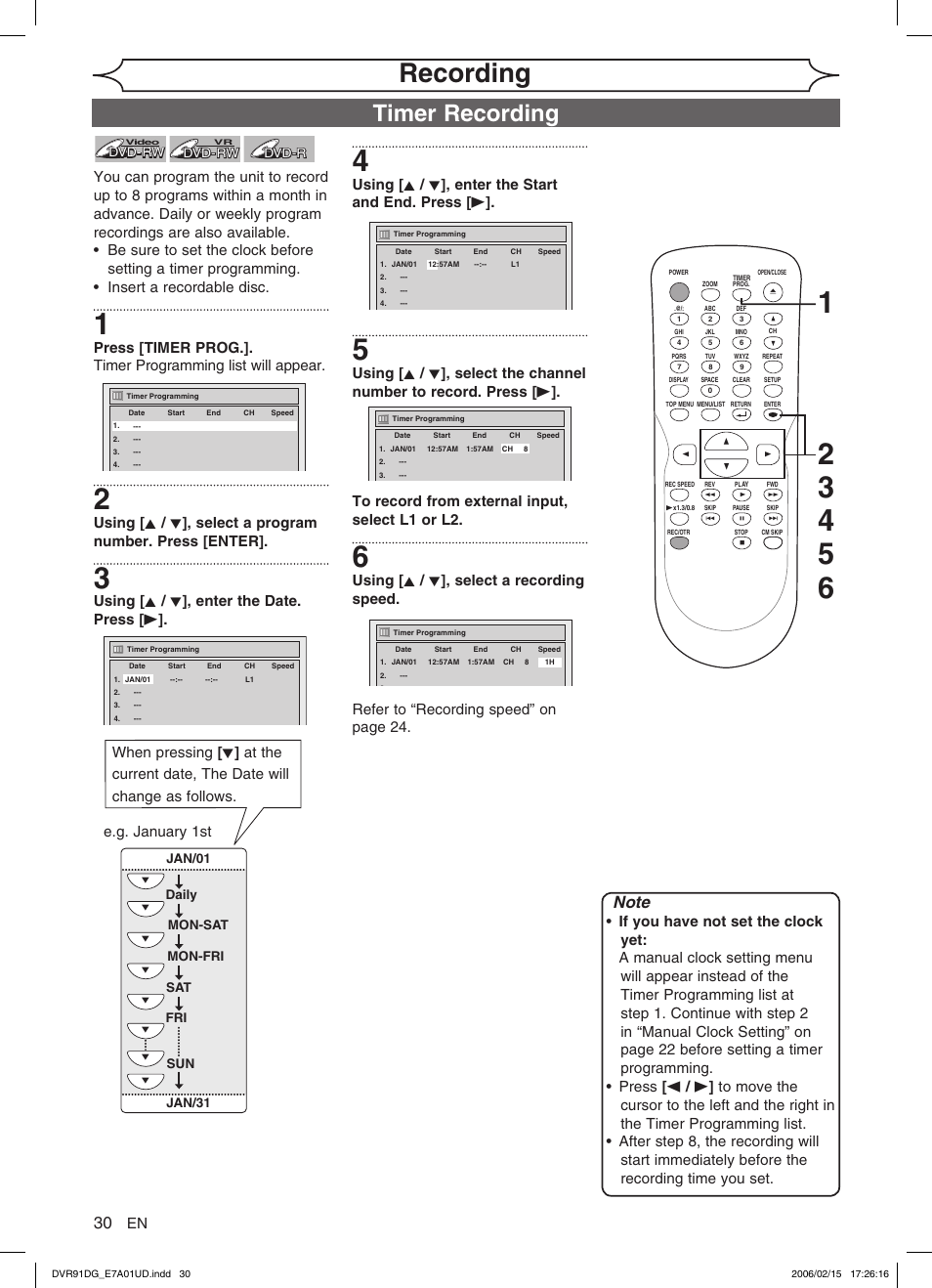 Recording, Timer recording, Using [ k / l ], enter the date. press [ b | E.g. january 1st | Sylvania DVR91DG User Manual | Page 30 / 82
