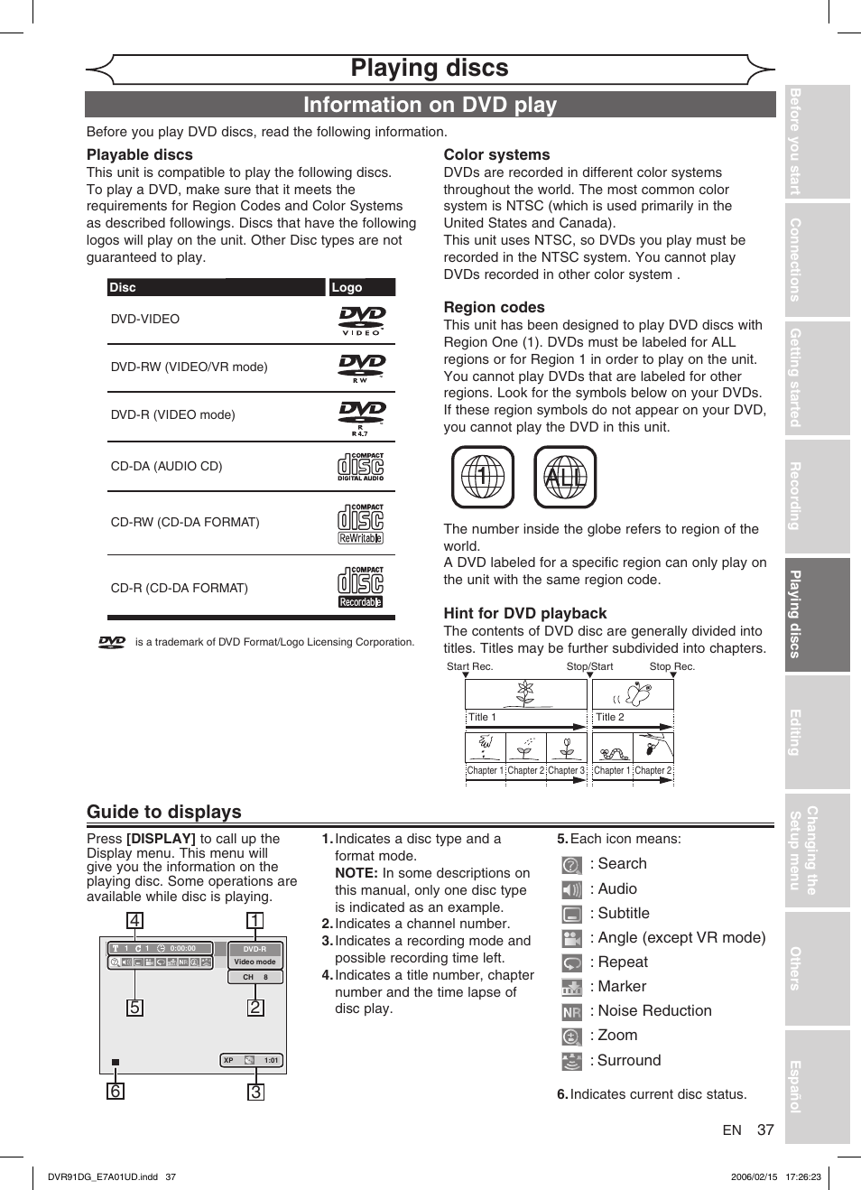 Playing discs, Information on dvd play, Guide to displays | Sylvania DVR91DG User Manual | Page 37 / 82