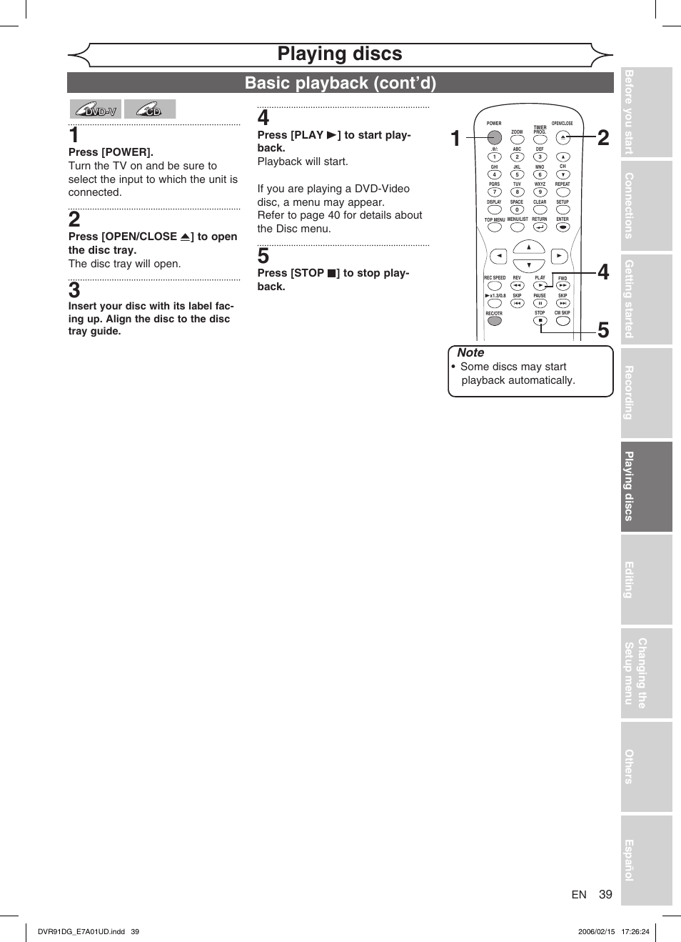 Playing discs, Basic playback (cont’d) | Sylvania DVR91DG User Manual | Page 39 / 82