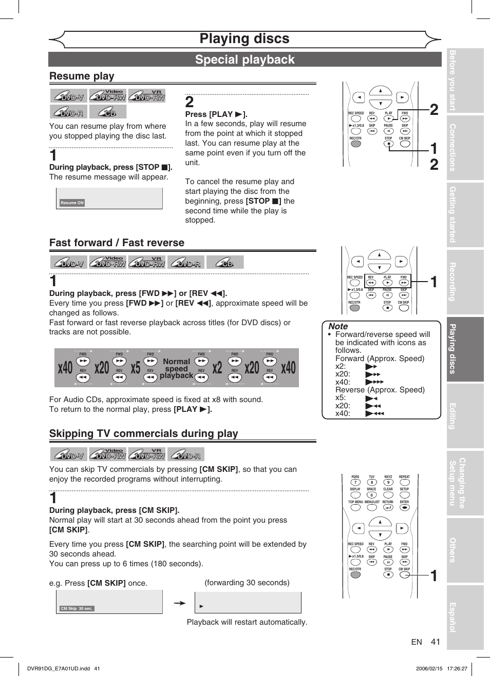 Playing discs, Special playback, Resume play | Fast forward / fast reverse, Skipping tv commercials during play, Normal speed playback | Sylvania DVR91DG User Manual | Page 41 / 82