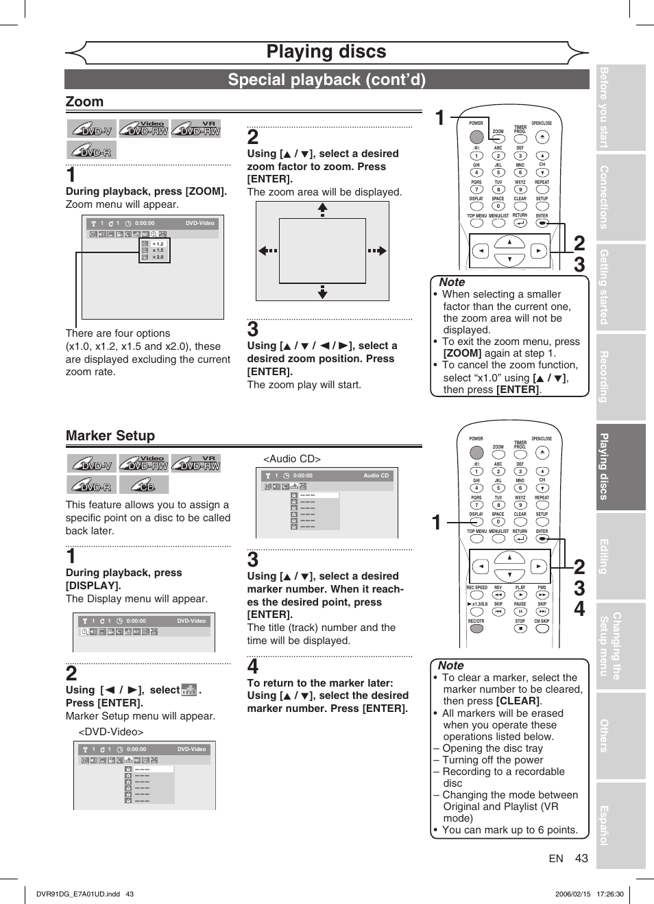Playing discs, Special playback (cont’d), Zoom | Marker setup | Sylvania DVR91DG User Manual | Page 43 / 82