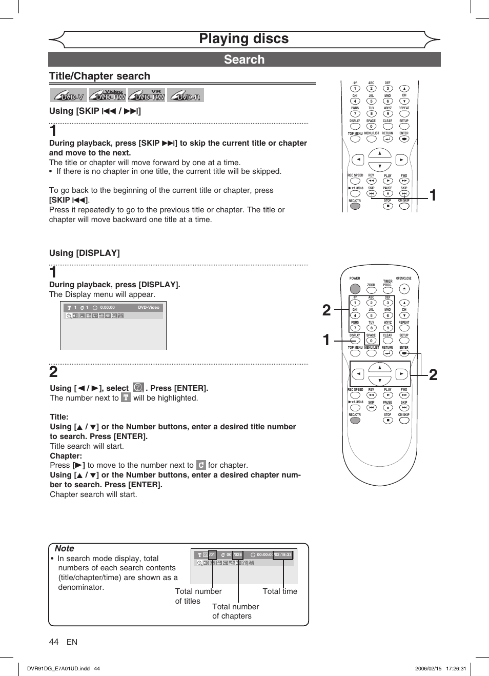 Playing discs, Search, Title/chapter search | Using [skip h / g, Using [display, Dvd-v, Dvd-v dvd-rw dvd-rw, Dvd-rw, Dvd-r | Sylvania DVR91DG User Manual | Page 44 / 82