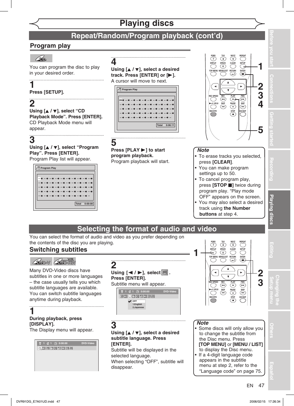 Playing discs, Selecting the format of audio and video, Repeat/random/program playback (cont’d) | Program play, Switching subtitles, Press [setup | Sylvania DVR91DG User Manual | Page 47 / 82