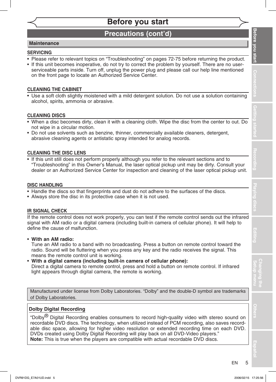 Before you start, Precautions (cont’d) | Sylvania DVR91DG User Manual | Page 5 / 82