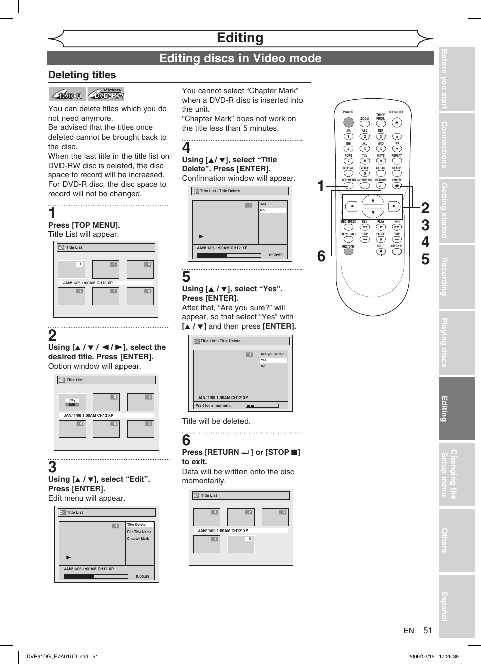 Editing, Editing discs in video mode, Deleting titles | Press [top menu]. title list will appear | Sylvania DVR91DG User Manual | Page 51 / 82