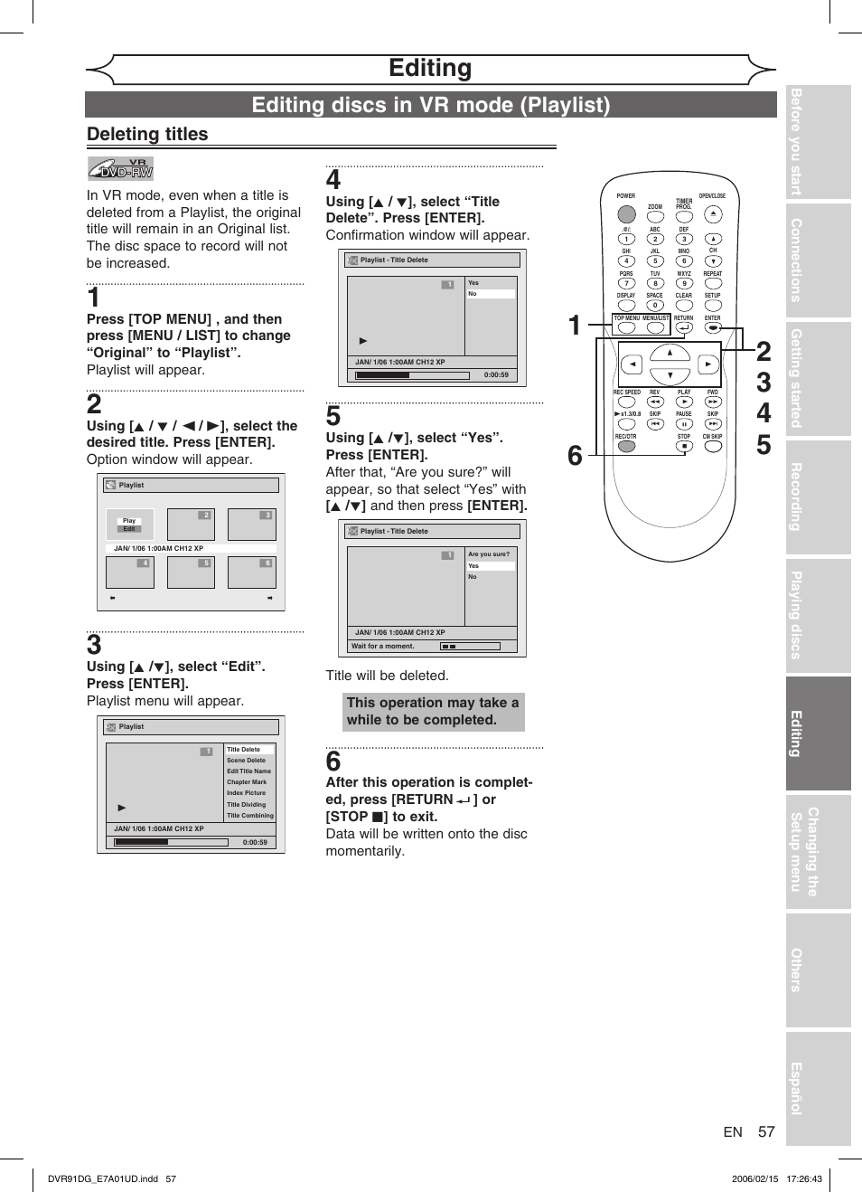 Editing, Editing discs in vr mode (playlist), Deleting titles | This operation may take a while to be completed, Changing the setup menu | Sylvania DVR91DG User Manual | Page 57 / 82