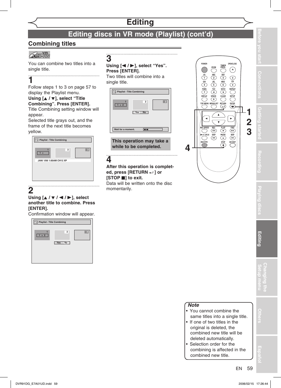 Editing, Editing discs in vr mode (playlist) (cont’d), Combining titles | You can combine two titles into a single title, This operation may take a while to be completed | Sylvania DVR91DG User Manual | Page 59 / 82