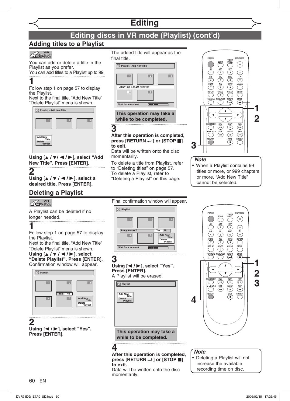 Editing, Editing discs in vr mode (playlist) (cont’d), Adding titles to a playlist | Deleting a playlist, A playlist can be deleted if no longer needed, This operation may take a while to be completed | Sylvania DVR91DG User Manual | Page 60 / 82