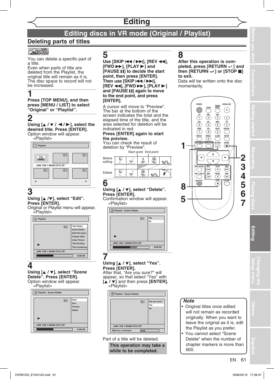 Editing, Editing discs in vr mode (original / playlist), Deleting parts of titles | Sylvania DVR91DG User Manual | Page 61 / 82