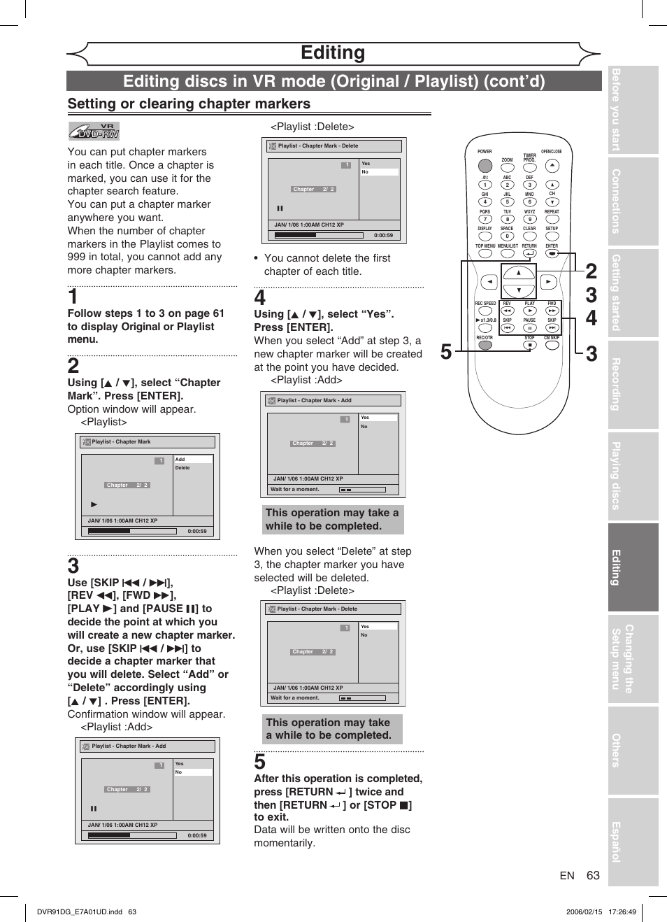 Editing, Setting or clearing chapter markers, This operation may take a while to be completed | Sylvania DVR91DG User Manual | Page 63 / 82