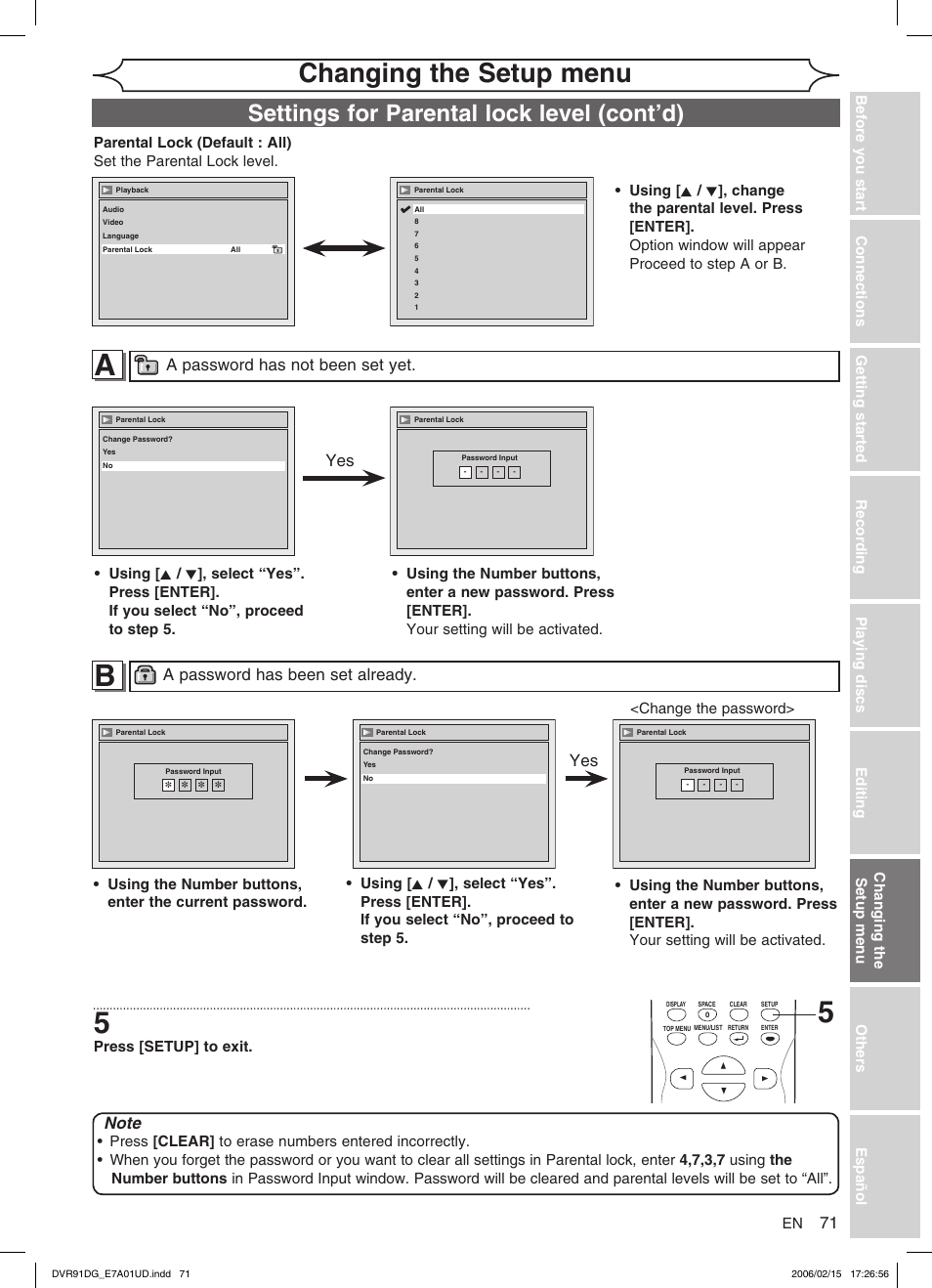 Changing the setup menu, Settings for parental lock level (cont’d), A password has been set already | Press [setup] to exit, Changing the setup menu <change the password | Sylvania DVR91DG User Manual | Page 71 / 82