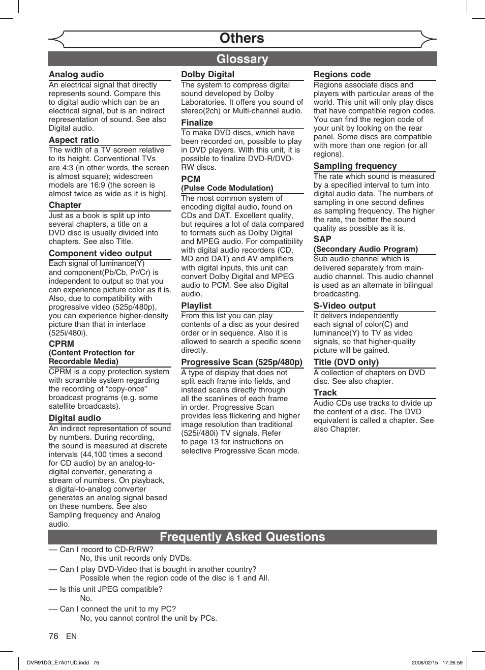 Others, Frequently asked questions, Glossary | Sylvania DVR91DG User Manual | Page 76 / 82