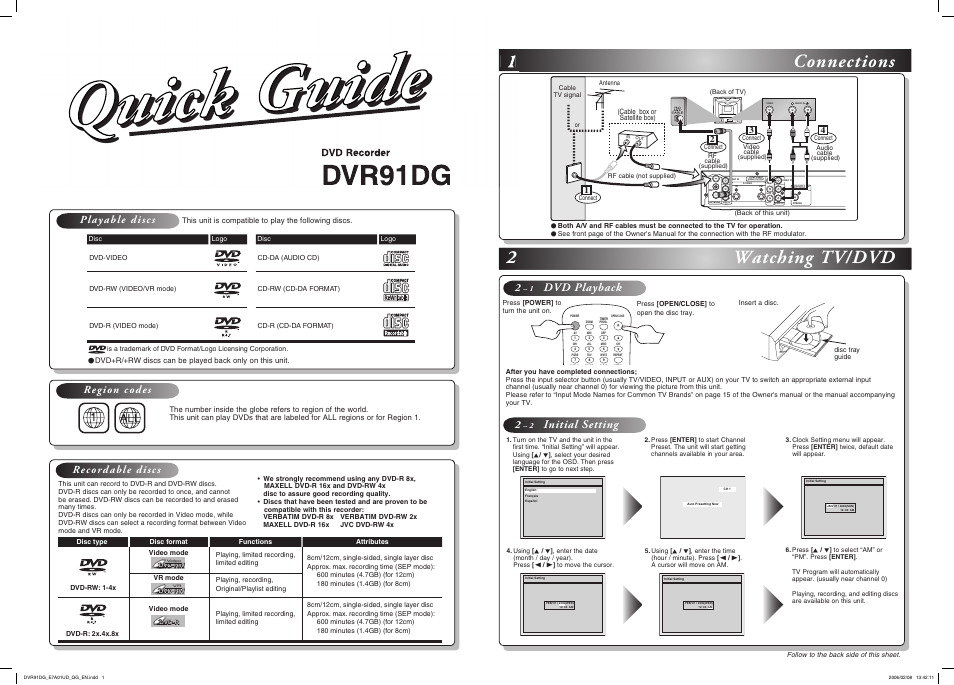 Dvr91dg_qg_v1.pdf, Dvr91dg, 1connections 2 watching tv/dvd | Dvd playback, Initial setting, Playable discs region codes recordable discs, Dvd recorder, Cable box or satellite box) | Sylvania DVR91DG User Manual | Page 81 / 82