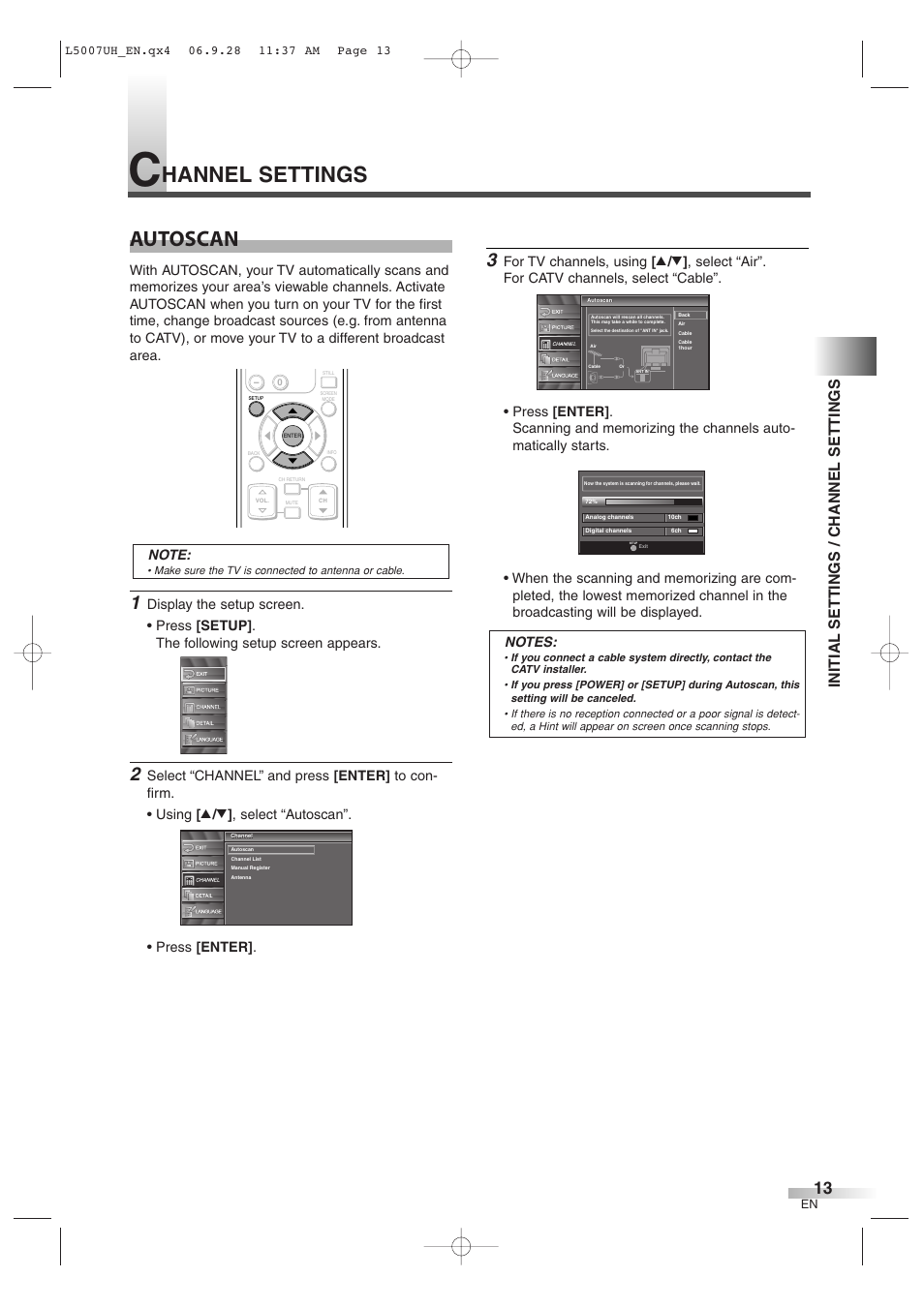 Autoscan, Hannel settings, Initial settings / channel settings | Sylvania 6637LCT A User Manual | Page 13 / 36