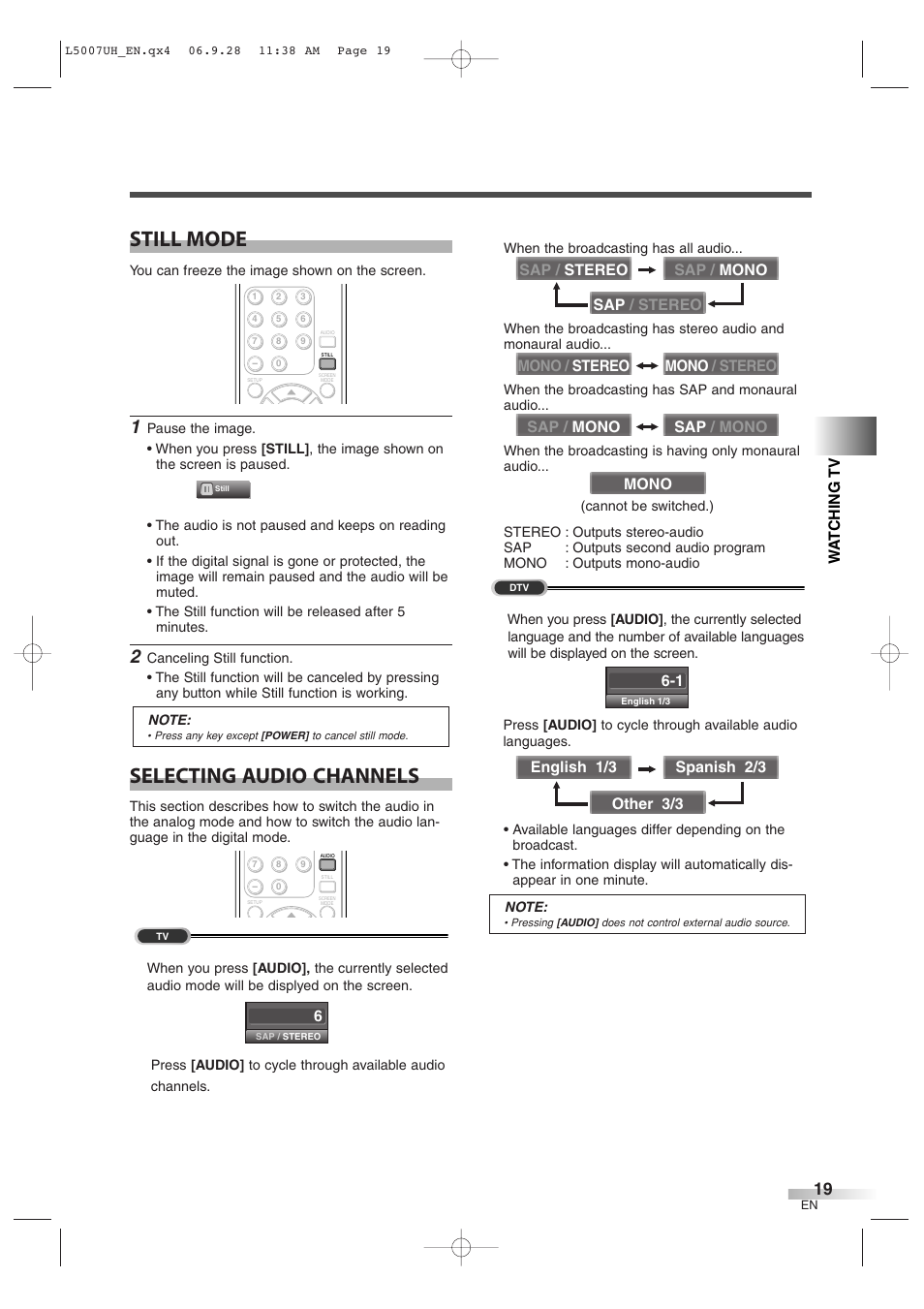 Still mode, Selecting audio channels, Wa tching tv | Sylvania 6637LCT A User Manual | Page 19 / 36