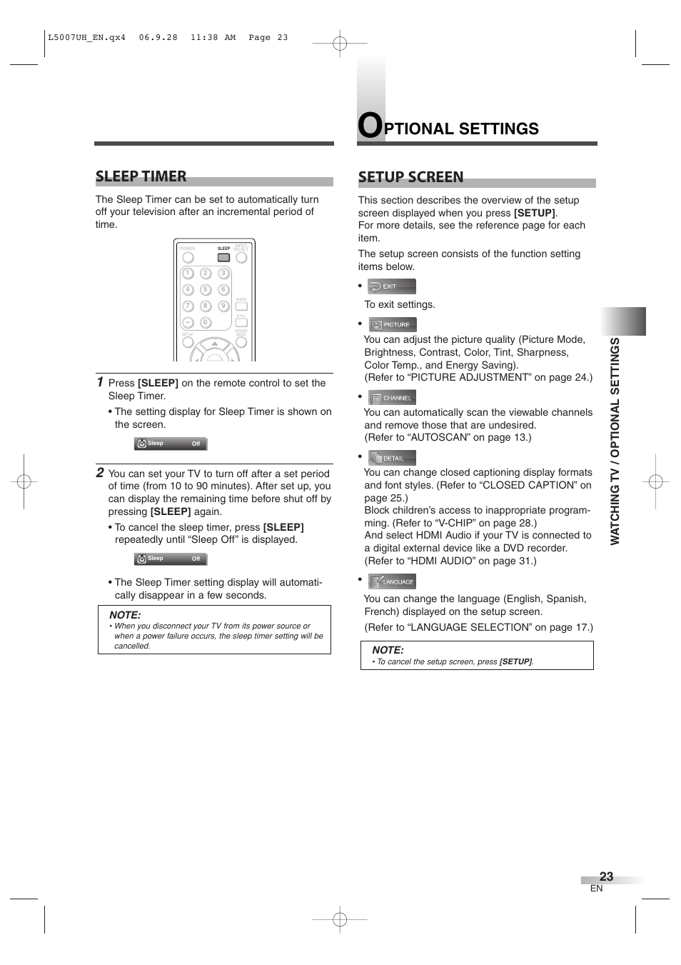 Ptional settings setup screen, Sleep timer, Wa tching tv / optional settings | Sylvania 6637LCT A User Manual | Page 23 / 36