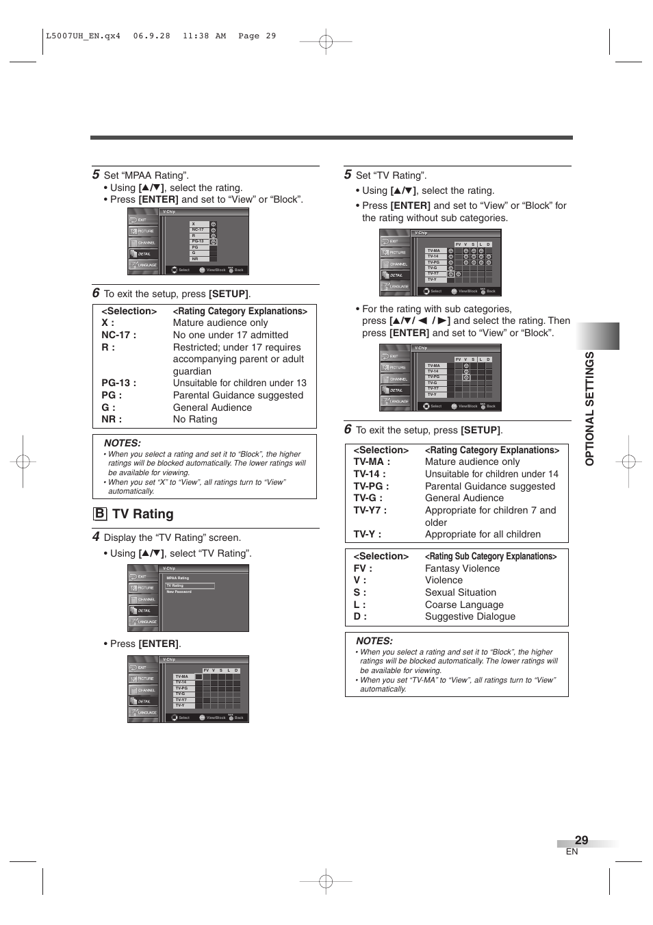 B tv rating, Optional settings | Sylvania 6637LCT A User Manual | Page 29 / 36