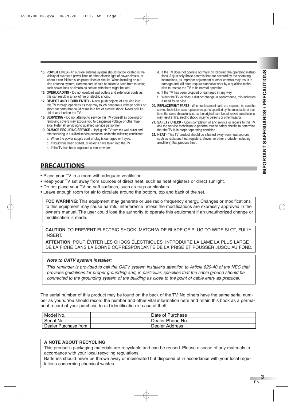 Precautions | Sylvania 6637LCT A User Manual | Page 3 / 36