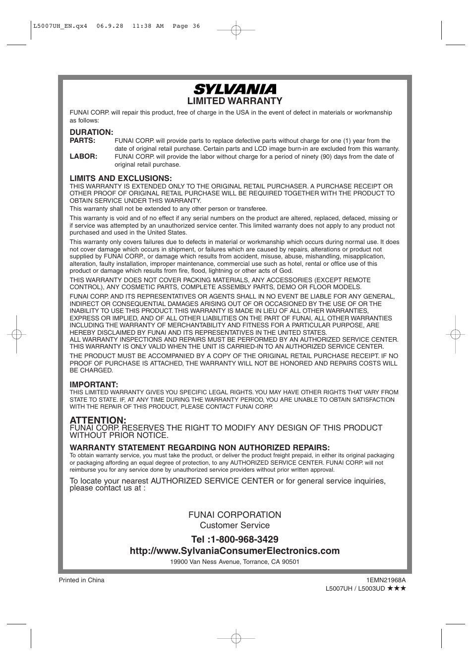 Limited warranty, Attention | Sylvania 6637LCT A User Manual | Page 36 / 36