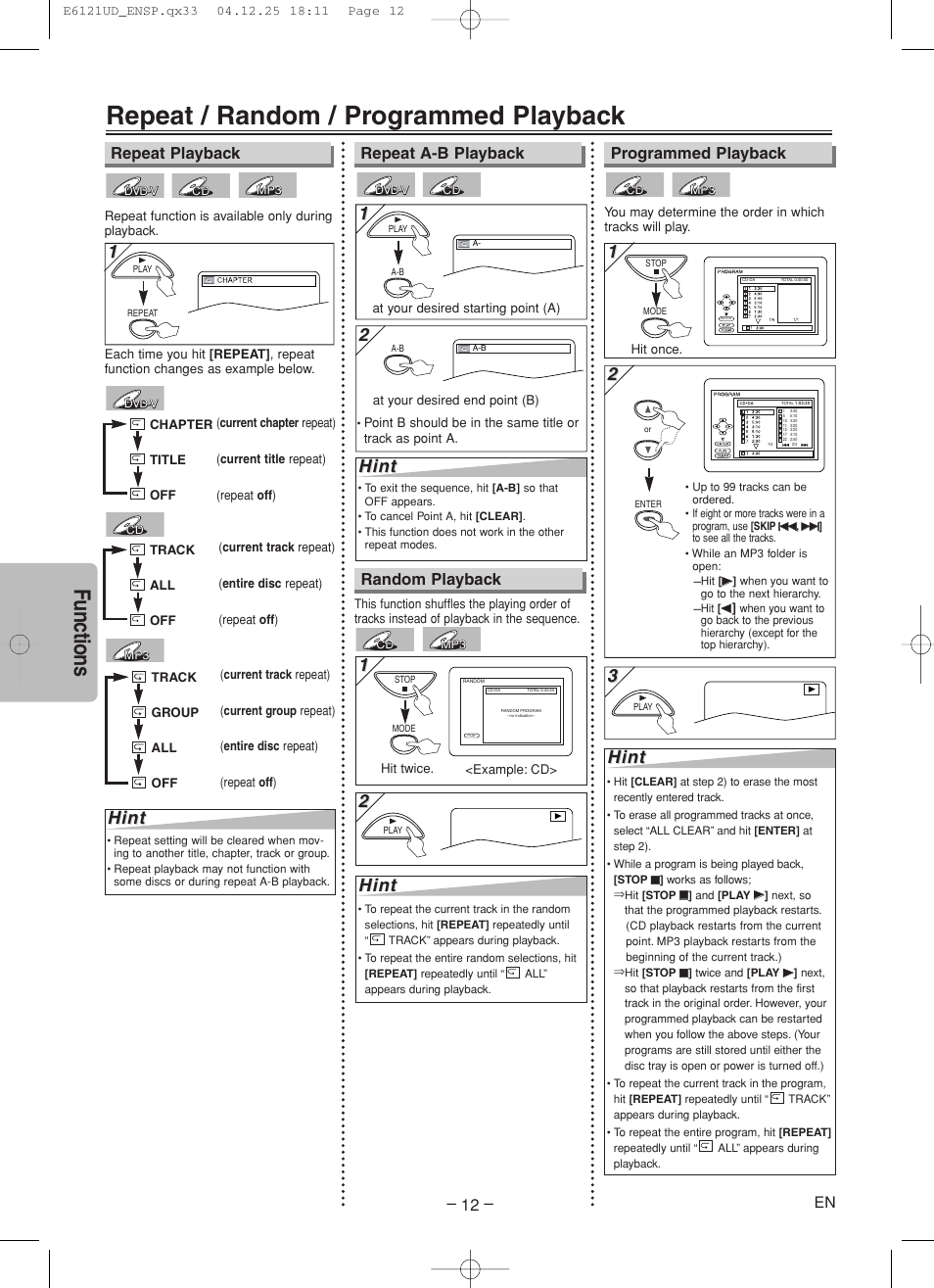 Repeat / random / programmed playback, Functions, Hint | Random playback | Sylvania DVL700F User Manual | Page 12 / 20