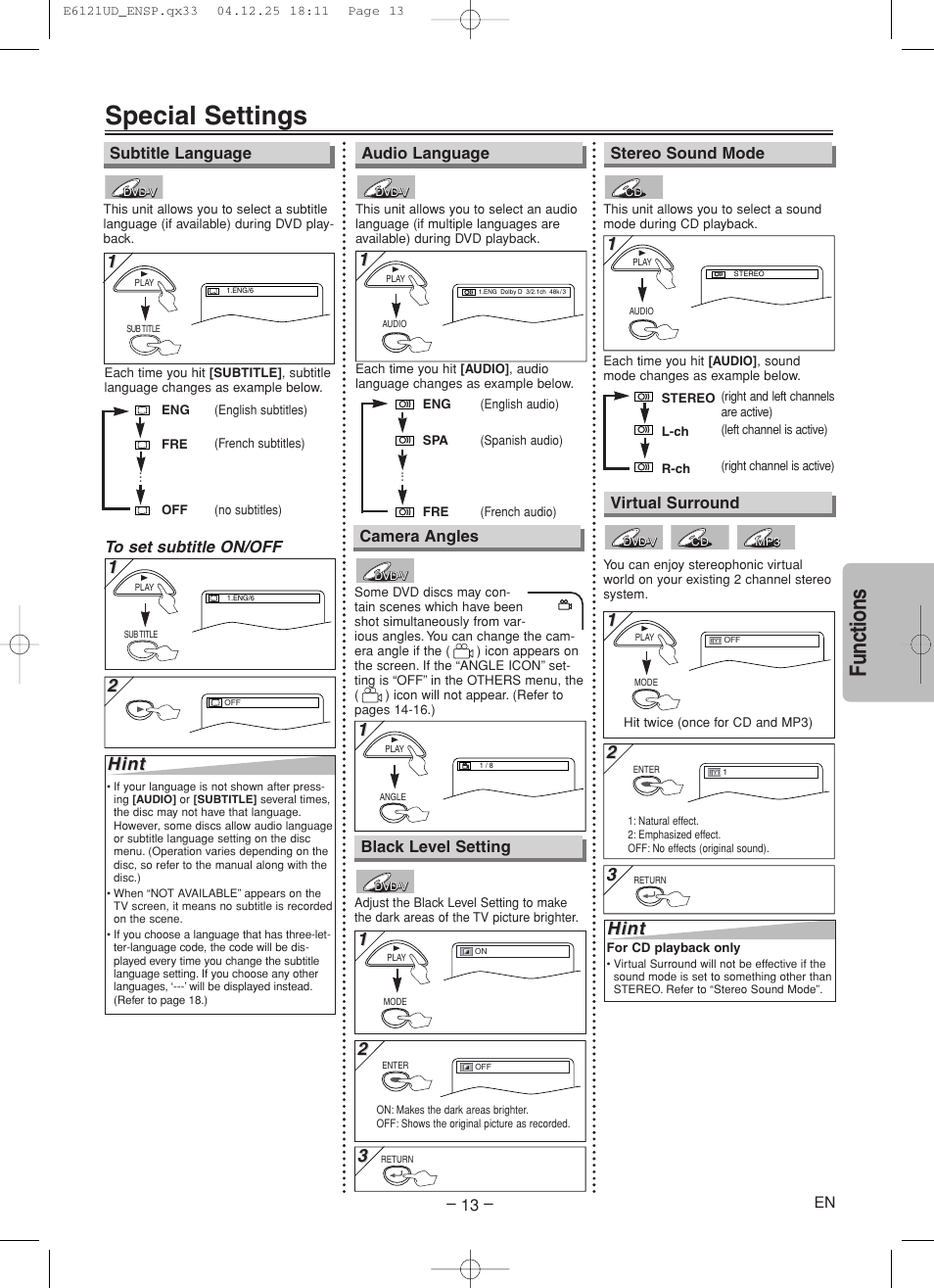 Special settings, Functions, Hint | Sylvania DVL700F User Manual | Page 13 / 20