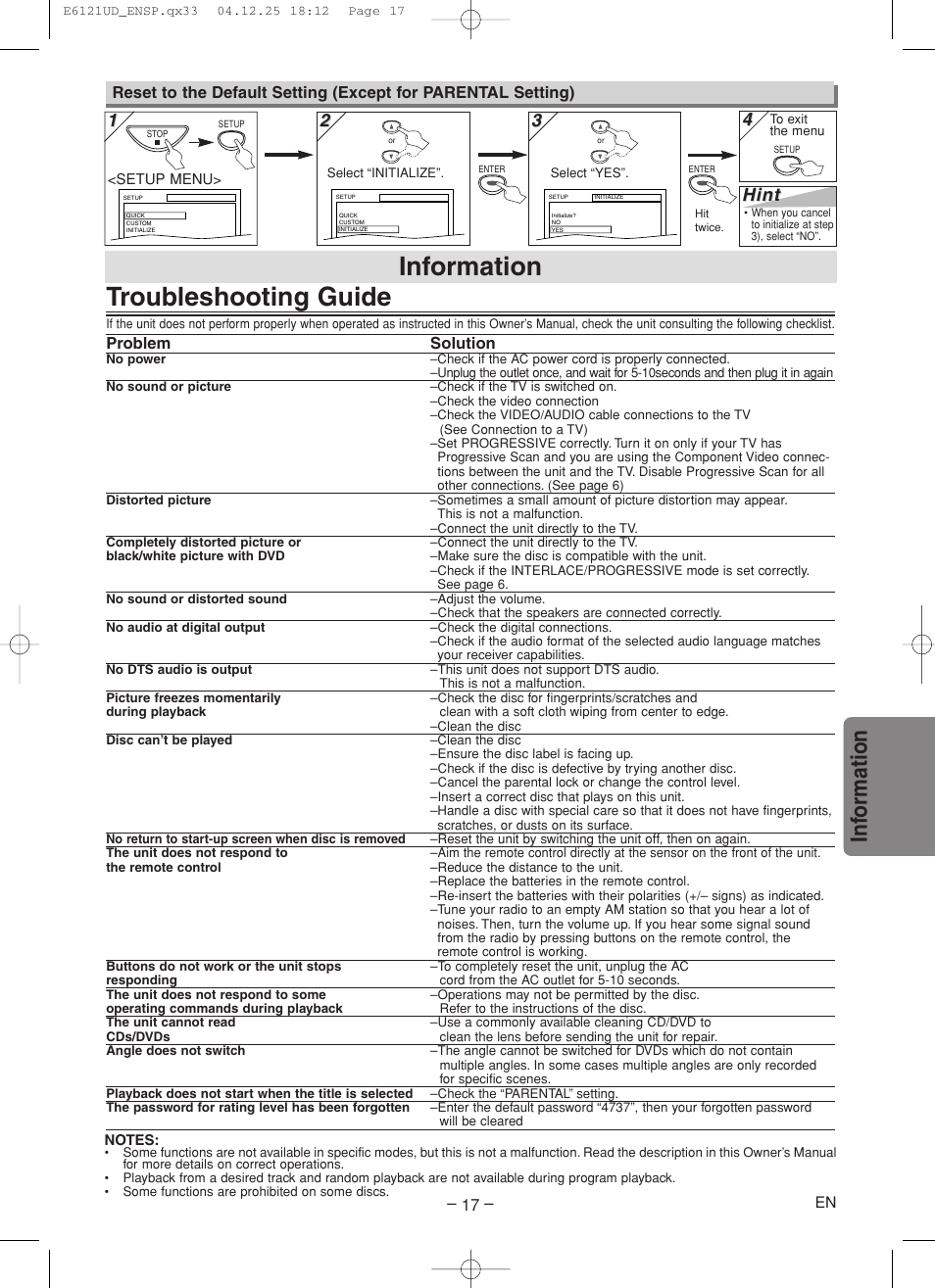 Troubleshooting guide, Information, Inf ormation | Hint | Sylvania DVL700F User Manual | Page 17 / 20