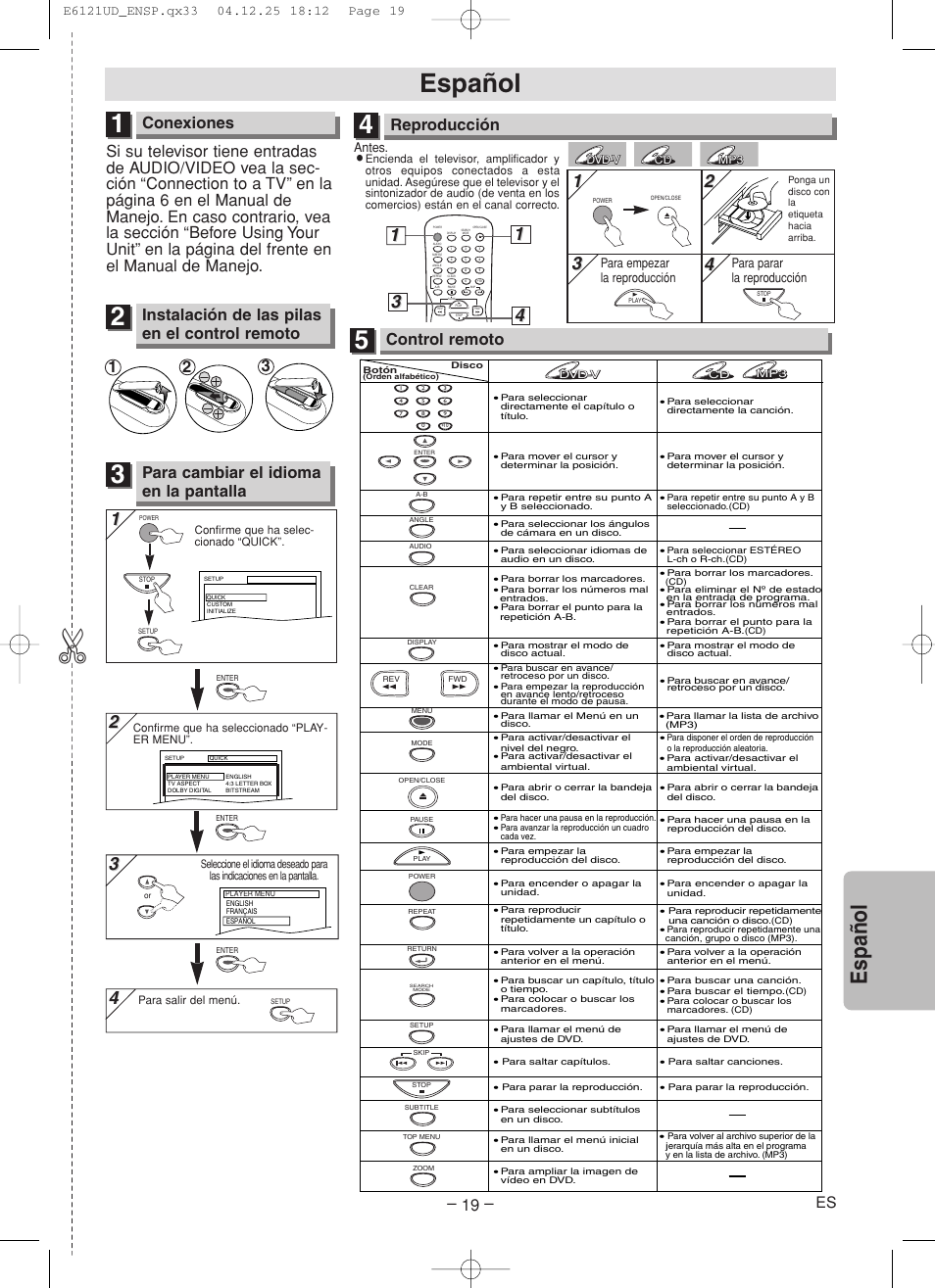 Español, Espa ñ ol, Conexiones | Para cambiar el idioma en la pantalla, Reproducción, Control remoto, Instalación de las pilas en el control remoto | Sylvania DVL700F User Manual | Page 19 / 20
