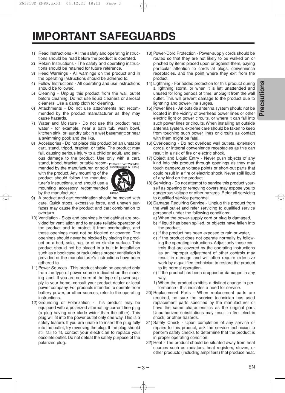 Important safeguards, Precautions | Sylvania DVL700F User Manual | Page 3 / 20
