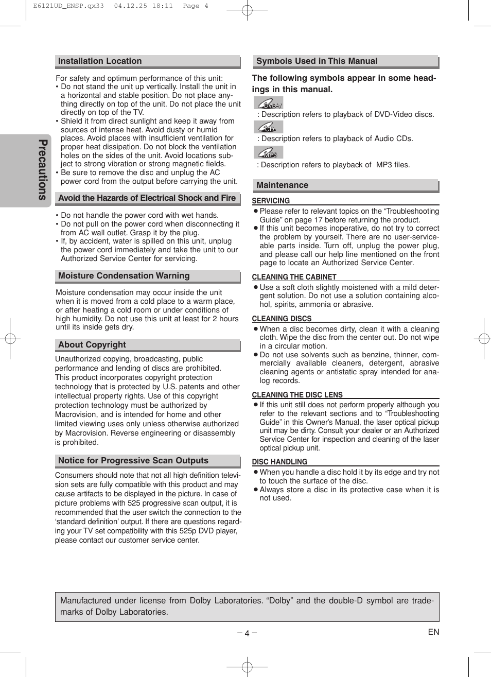 Precautions | Sylvania DVL700F User Manual | Page 4 / 20