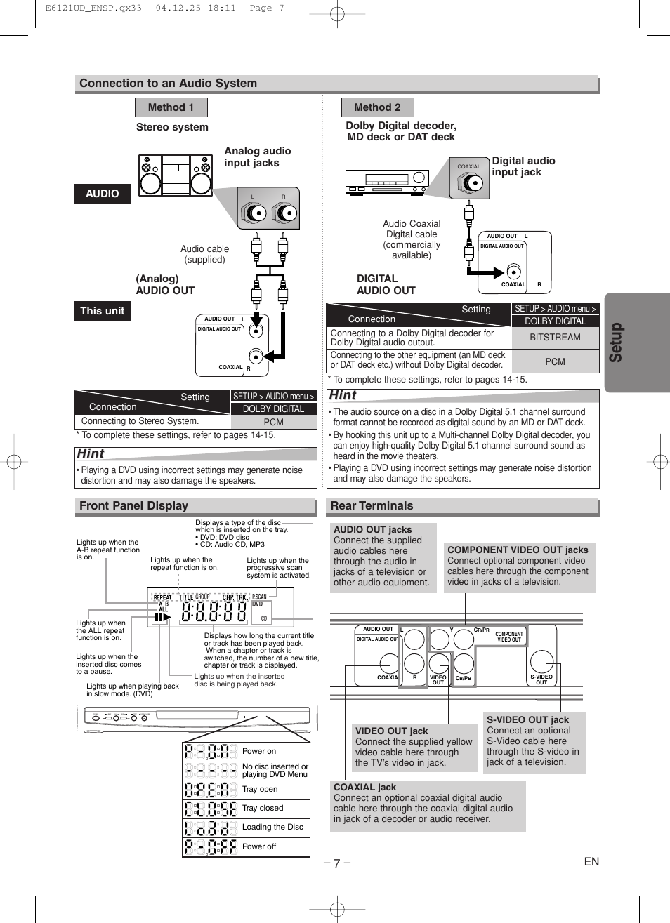 Setup, Hint, Rear terminals connection to an audio system | Front panel display, Stereo system, Dolby digital decoder, md deck or dat deck | Sylvania DVL700F User Manual | Page 7 / 20