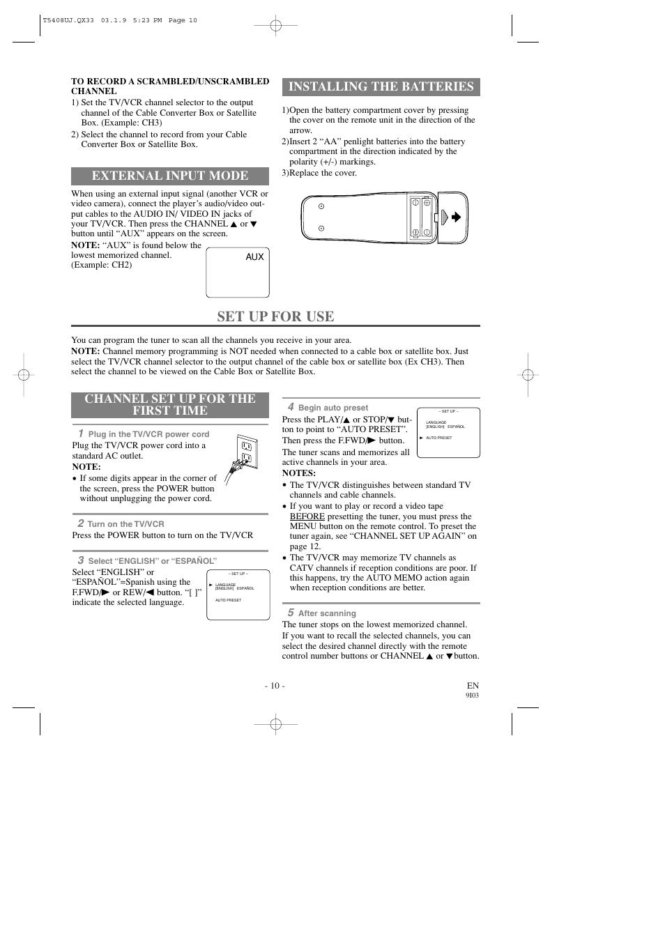 Set up for use, Installing the batteries, Channel set up for the first time | External input mode | Sylvania SRC2213X User Manual | Page 10 / 32