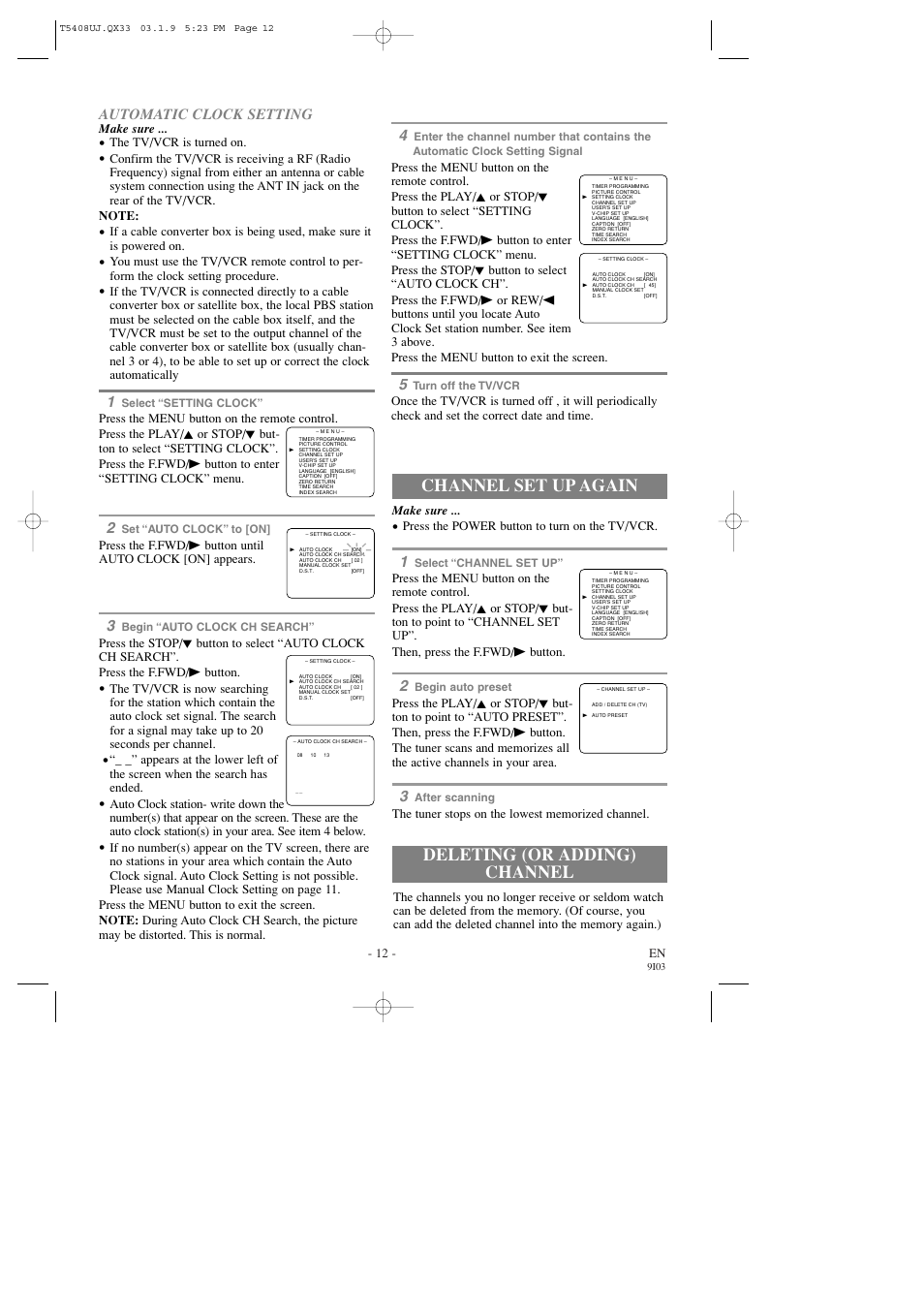 Deleting (or adding) channel channel set up again, Automatic clock setting | Sylvania SRC2213X User Manual | Page 12 / 32