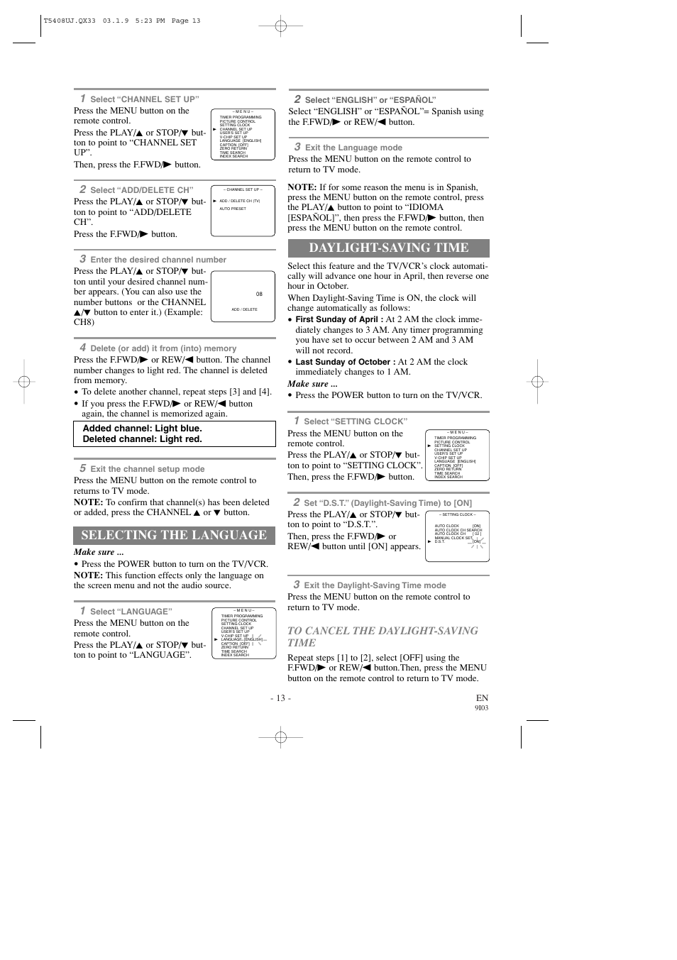 Selecting the language, Daylight-saving time | Sylvania SRC2213X User Manual | Page 13 / 32