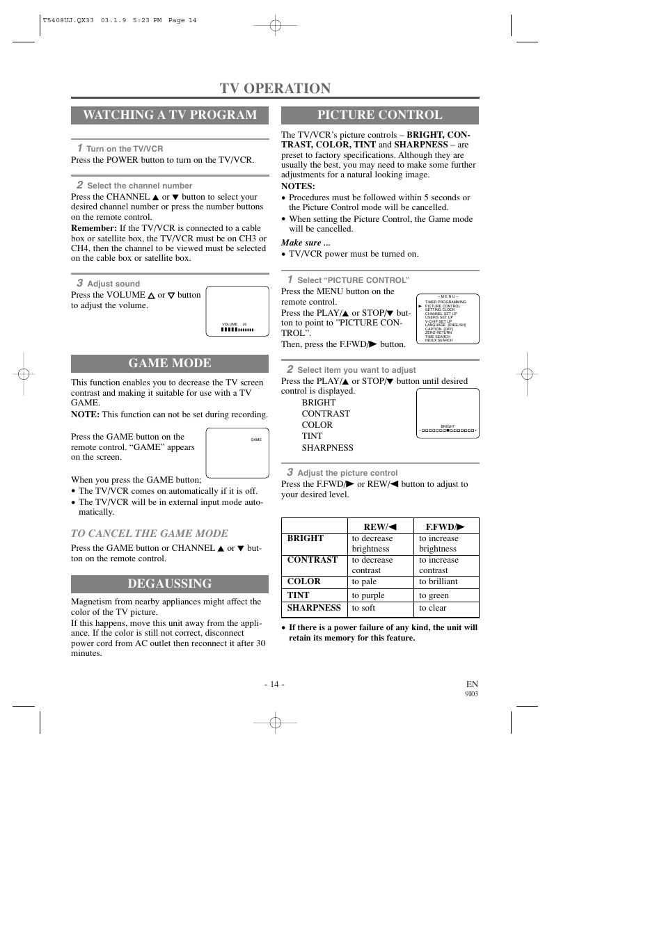 Tv operation, Watching a tv program, Game mode | Picture control, Degaussing | Sylvania SRC2213X User Manual | Page 14 / 32