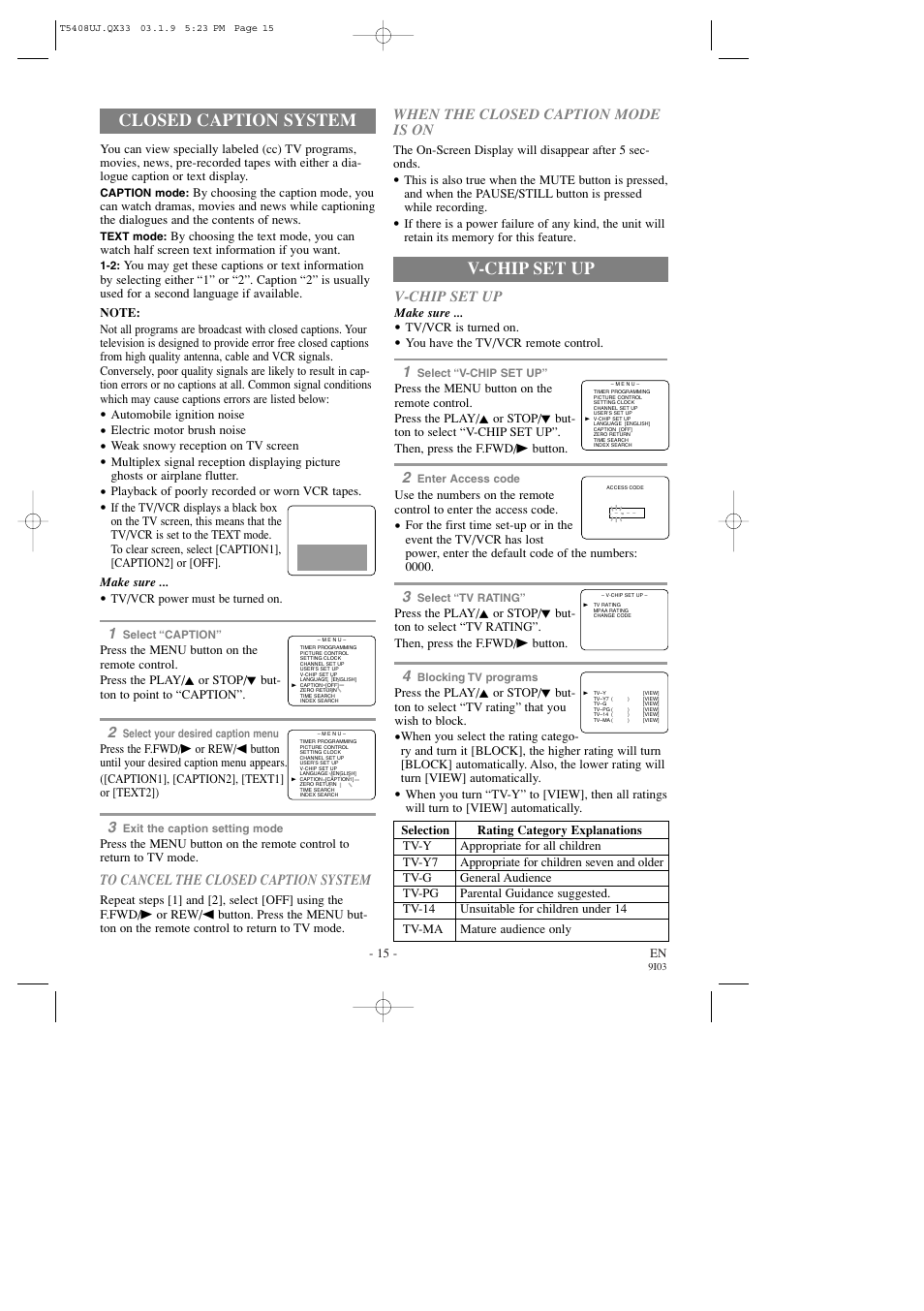 Closed caption system, When the closed caption mode is on, V-chip set up | Sylvania SRC2213X User Manual | Page 15 / 32