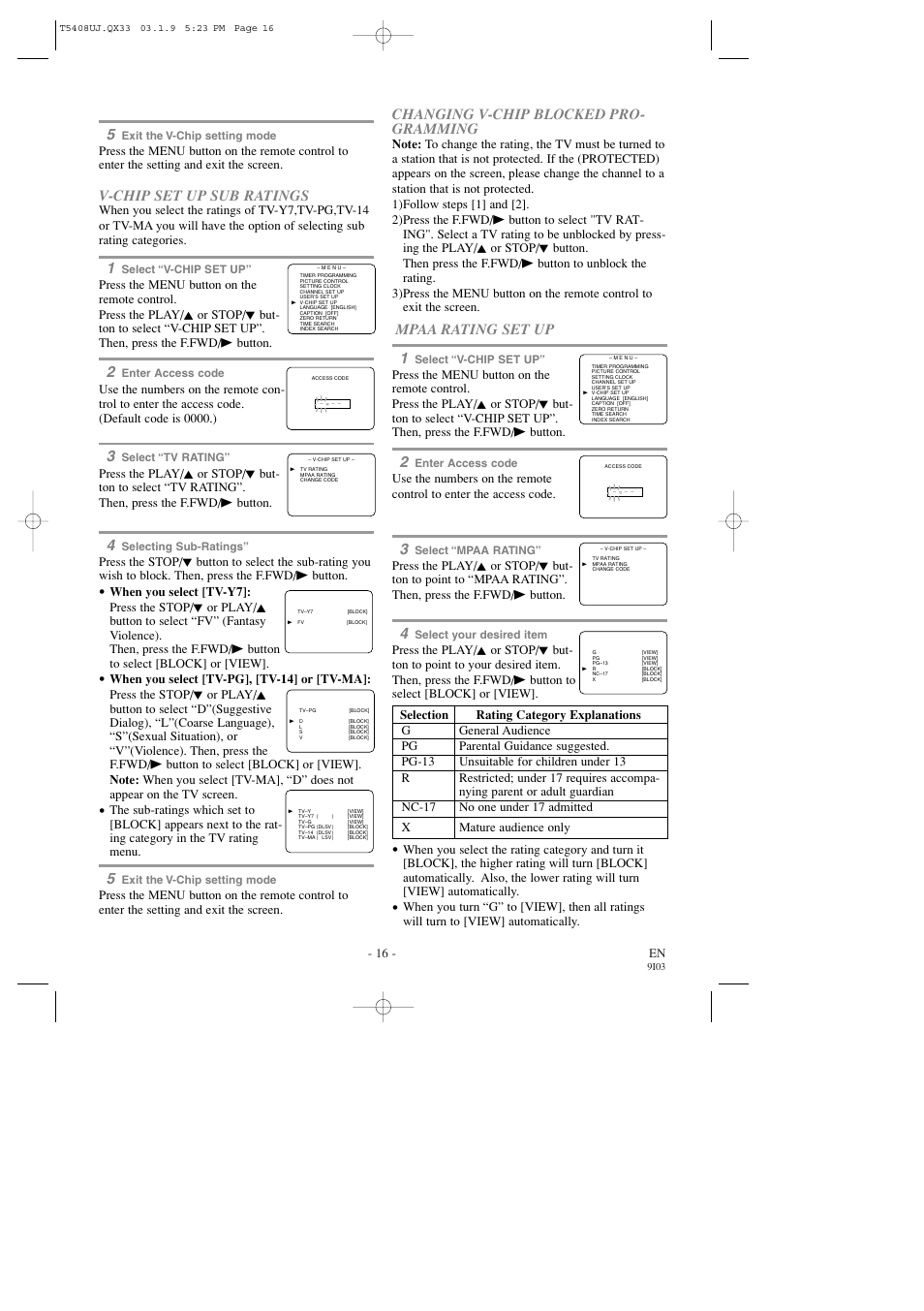 V-chip set up sub ratings, Changing v-chip blocked pro- gramming, Mpaa rating set up 1 | 16 - en | Sylvania SRC2213X User Manual | Page 16 / 32