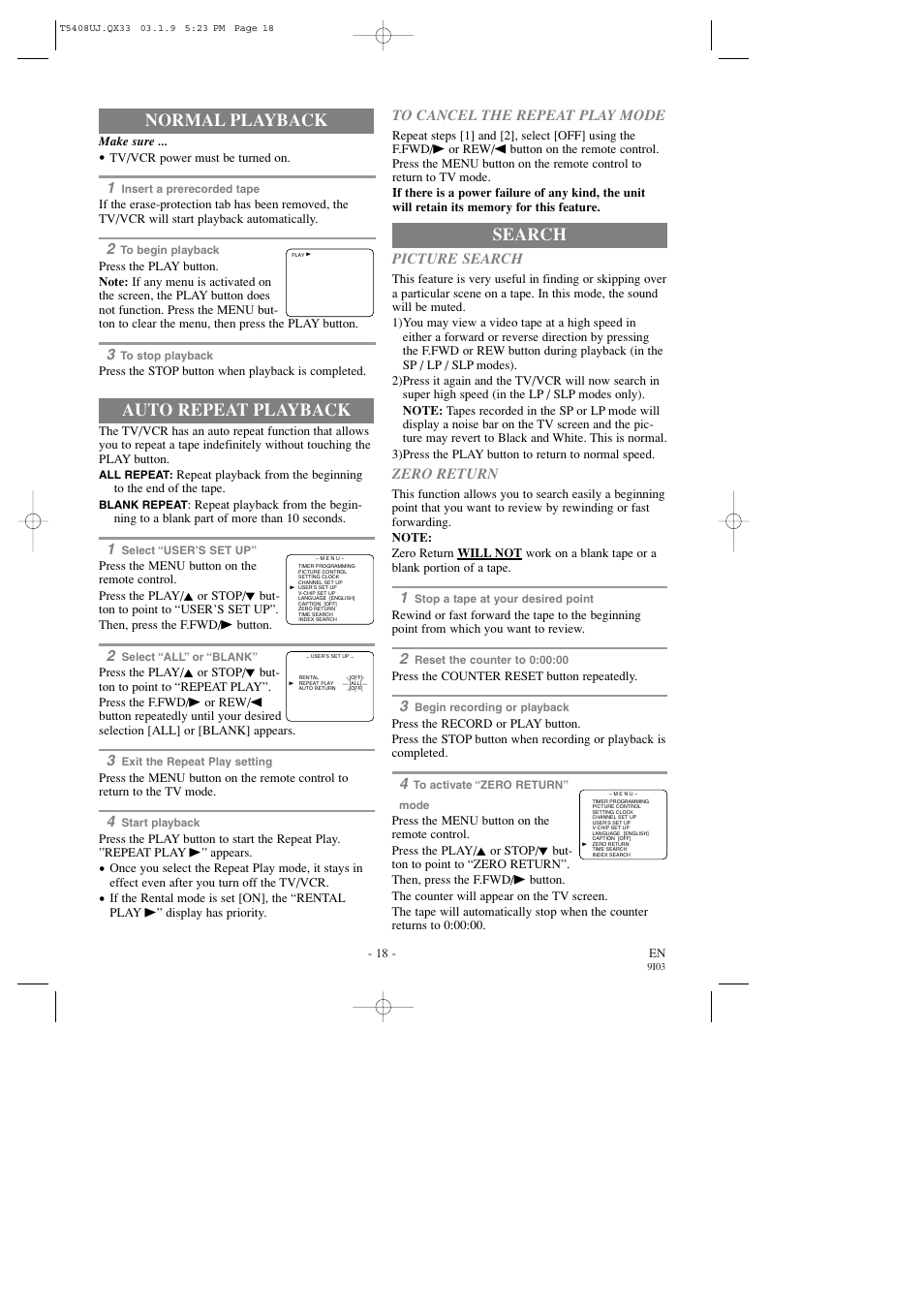 Search, Auto repeat playback, Normal playback | Sylvania SRC2213X User Manual | Page 18 / 32