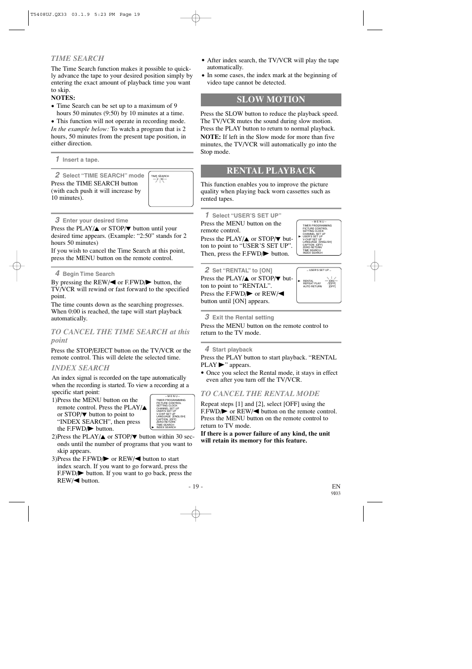 Rental playback, Slow motion, Time search | Index search | Sylvania SRC2213X User Manual | Page 19 / 32