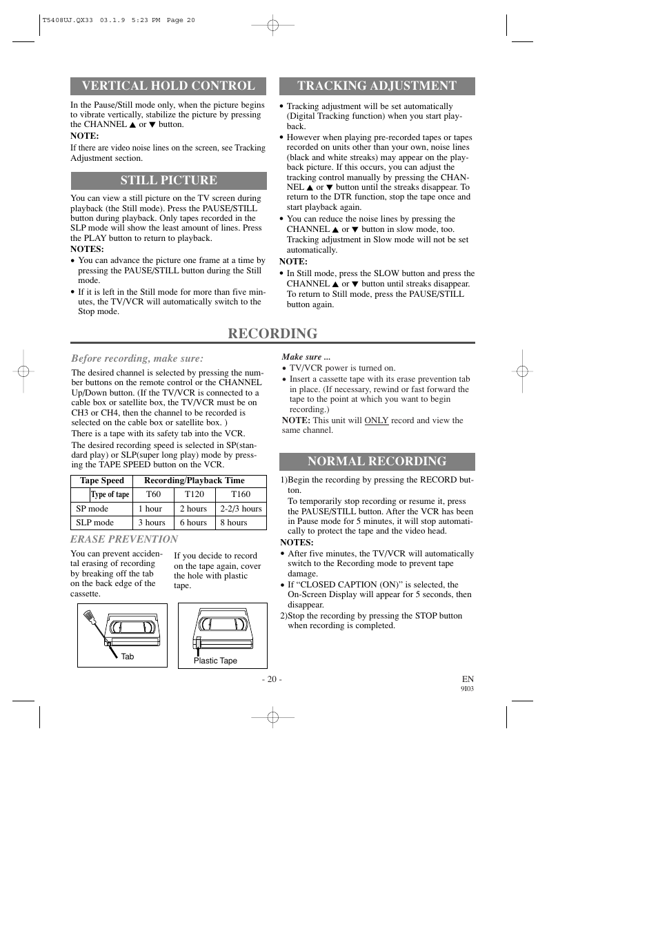 Recording, Normal recording, Tracking adjustment | Vertical hold control still picture | Sylvania SRC2213X User Manual | Page 20 / 32
