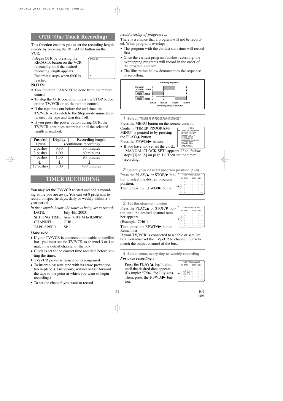 Timer recording, Otr (one touch recording), 21 - en | Tv/vcr power is turned on to program it | Sylvania SRC2213X User Manual | Page 21 / 32