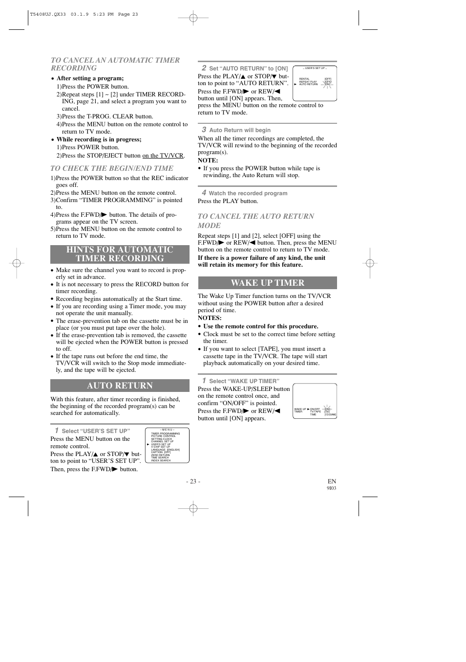 Hints for automatic timer recording, Auto return, Wake up timer | Sylvania SRC2213X User Manual | Page 23 / 32