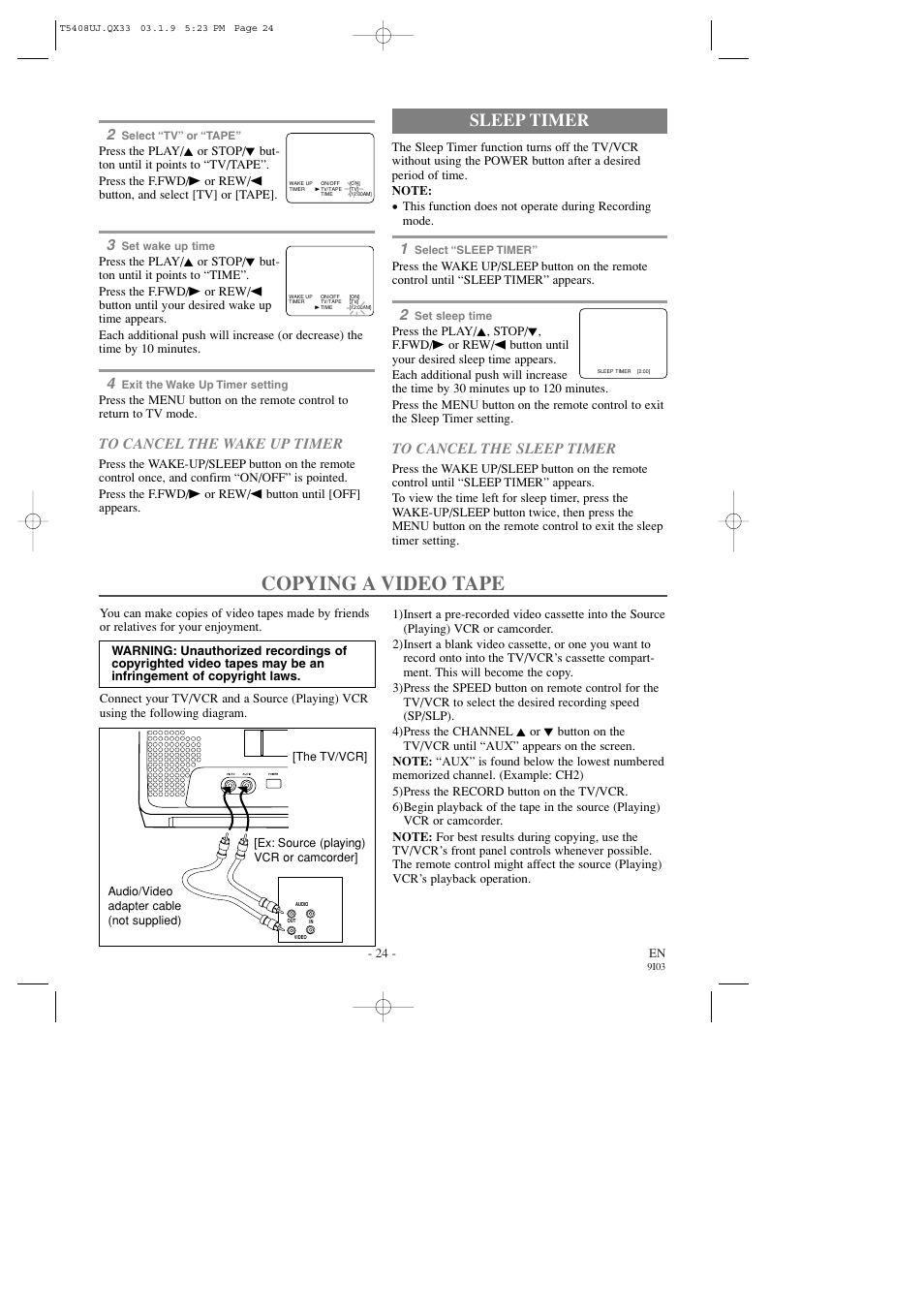 Copying a video tape, Sleep timer | Sylvania SRC2213X User Manual | Page 24 / 32