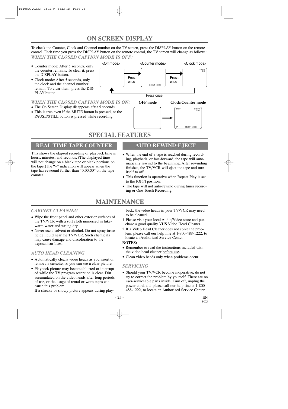 Maintenance, On screen display, Special features | Real time tape counter, Auto rewind-eject | Sylvania SRC2213X User Manual | Page 25 / 32