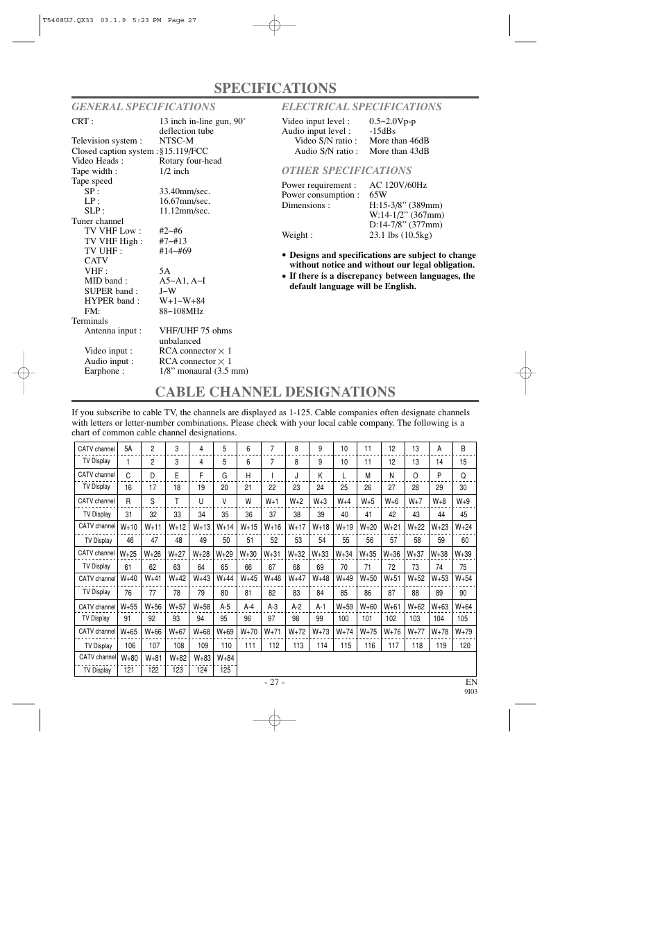 Specifications, Cable channel designations | Sylvania SRC2213X User Manual | Page 27 / 32