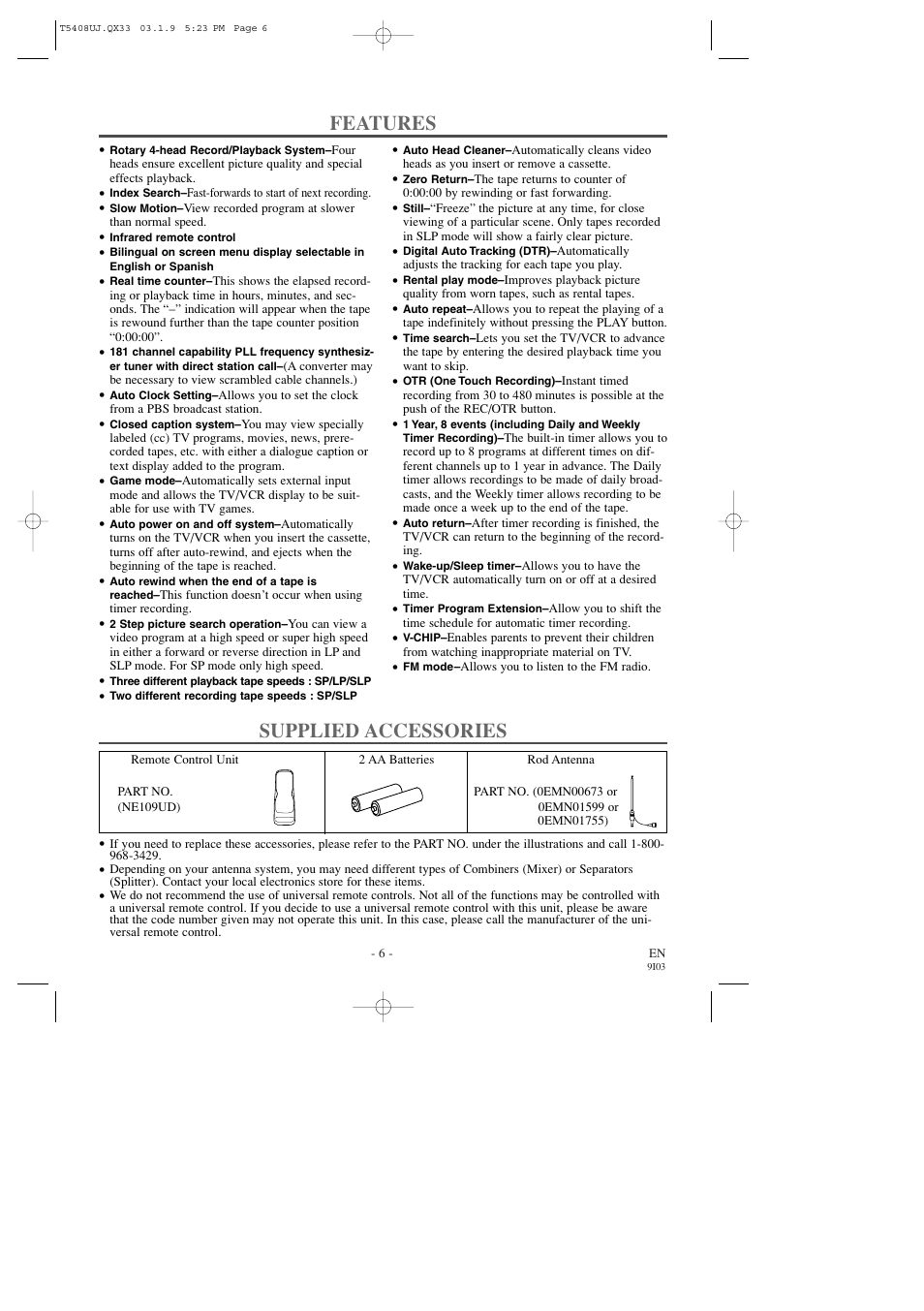 Features, Supplied accessories | Sylvania SRC2213X User Manual | Page 6 / 32