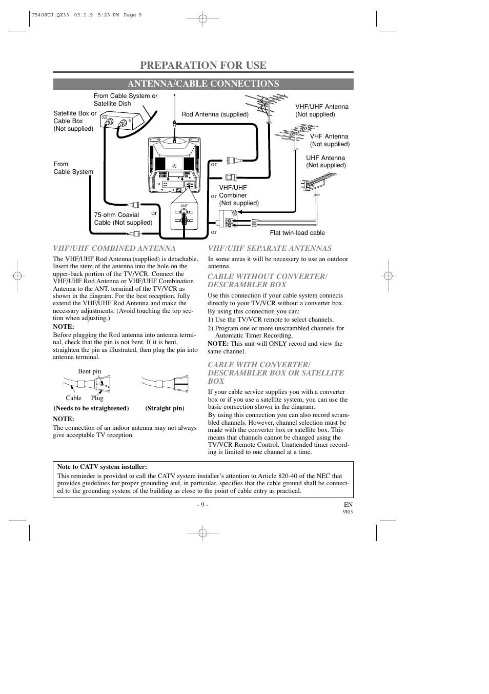 Preparation for use, Antenna/cable connections | Sylvania SRC2213X User Manual | Page 9 / 32