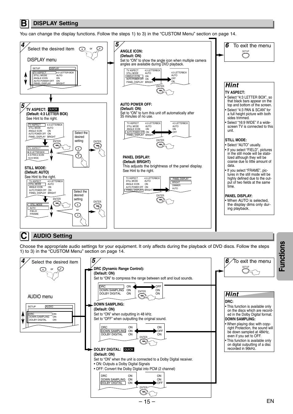 Functions, Hint, 5hint hint | Display setting, Audio setting, Audio menu, Display menu | Sylvania DVL700E User Manual | Page 15 / 20